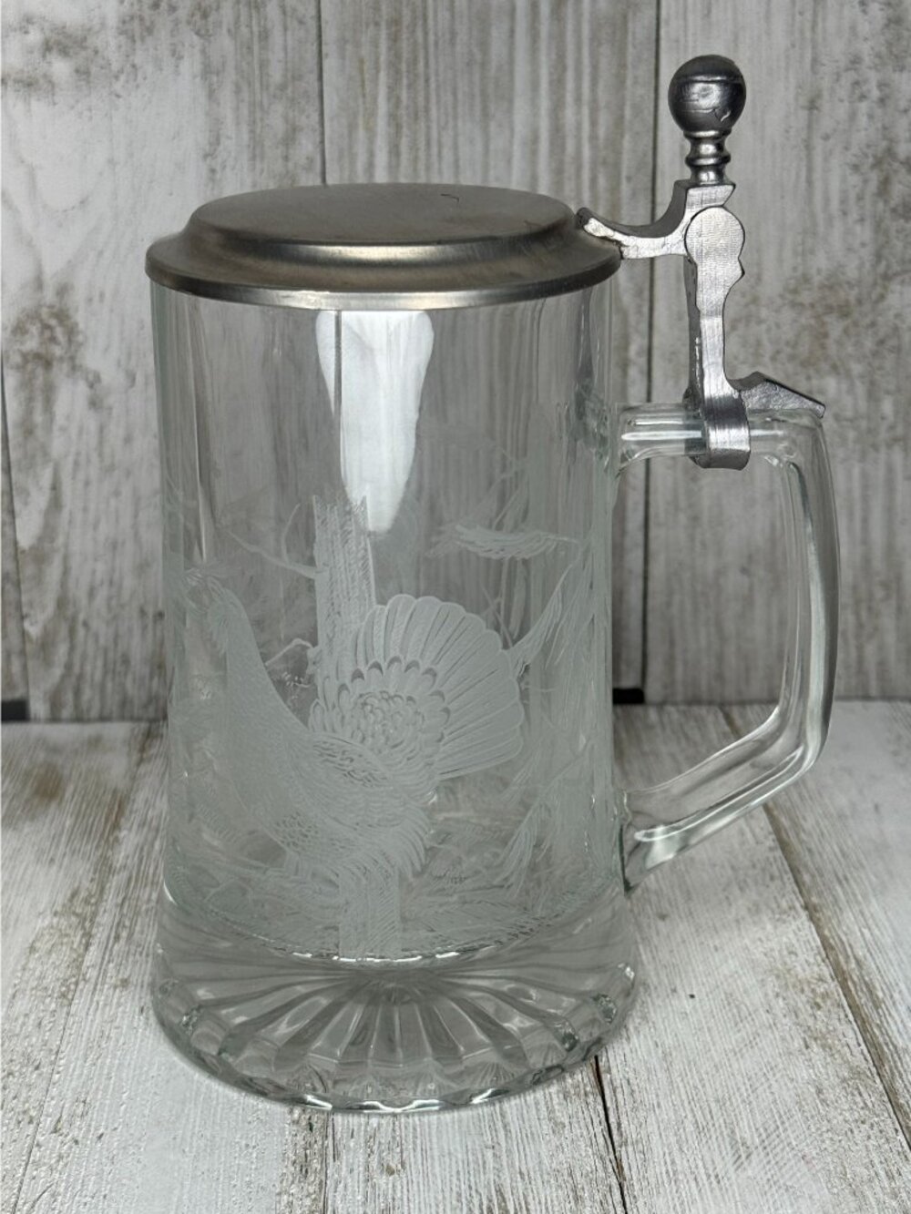 Vintage FIYE Italy Etched Glass Beer Stein with Hinged Pewter Lid